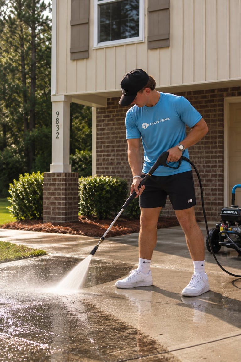 Man in blue shirt power washing driveway of brick home with white sneakers and black cap